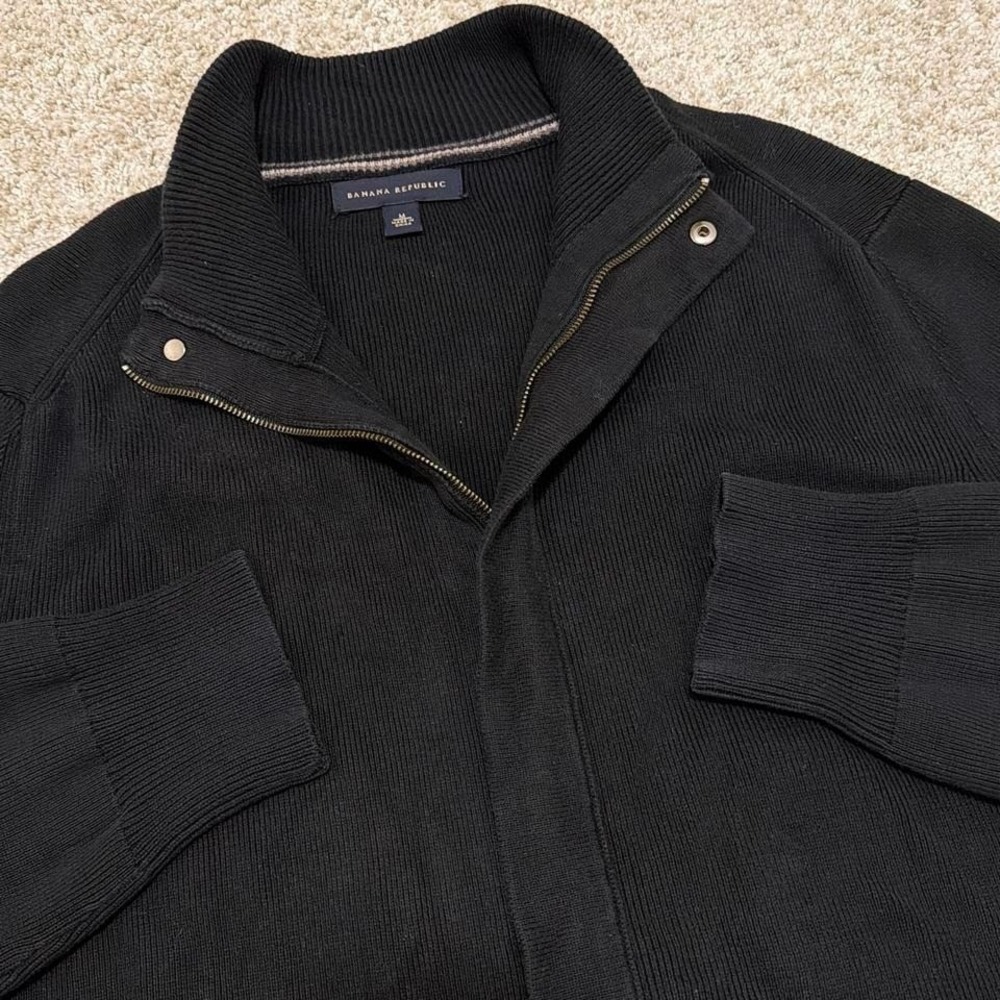 Vintage Banana Republic Cotton Knit Zip Jacket | Black Ribbed Sweater Jacket | M